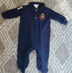 Ralph Lauren Navy Blue Kids Footie with Embroidered Crest